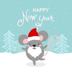 Happy New Year greeting card with cute rat, symbol of 2020 year. Chinese New Year. Vector illustration.
