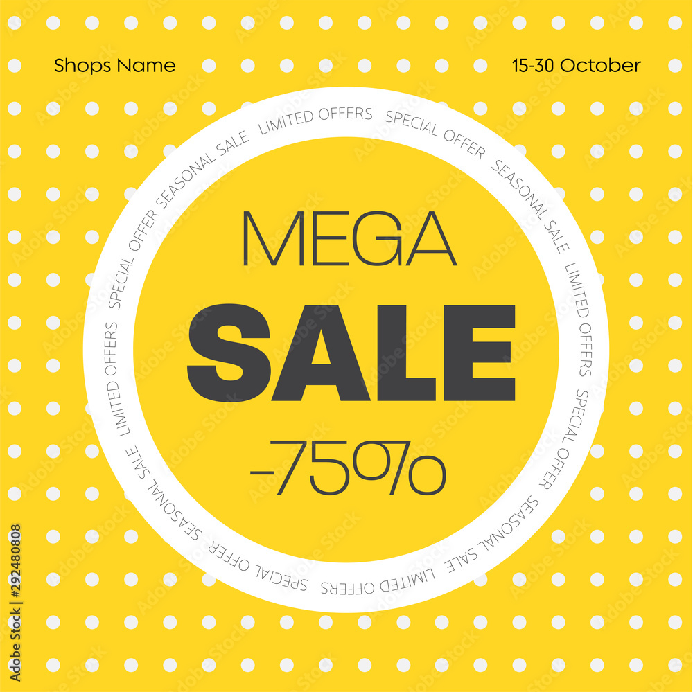 Poster Design of a square yellow banner with a white abstract pattern and at a discount of 75%.