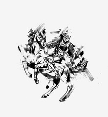 Fototapeta premium Spartan Spear Defensive Attack - Horse knight Vector illustration in silhouette.