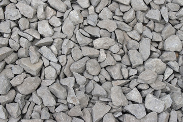 Dirty gravel ballast background. Small gray dusty broken stones texture. Closeup. Top view