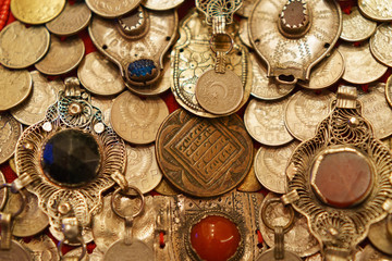 Photography of an ancient jewelry of women of Bashkiria. Apron decorated with coins of different eras and times. He served as a talisman. High resolution photography.