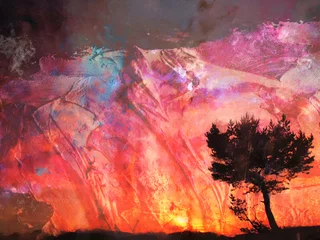 Abwaschbare Fototapete Nach Farbe Aquarelllandschaft mit Baum über dem roten Sonnenuntergang. abstrakte digitale Kunst