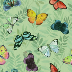 Seamless pattern with flying butterflies, hand drawing..Watercolor Hand Drawn Background..