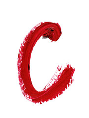 Large letter C of English or Russian alphabet handwritten by dark red color melted lipstick. Roman or Cyrillic  character isolated on white background. Closeup