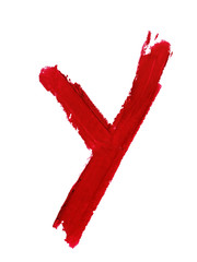 Large letter U of Russian or small lowercase Y of English alphabet handwritten by dark red color melted lipstick. Roman or Cyrillic  character isolated on white background. Closeup