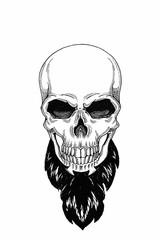 Monochrome illustration barbershop of skull with beard, mustache, hipster haircut and on white background, cartoon, angry, beautiful, brutal.