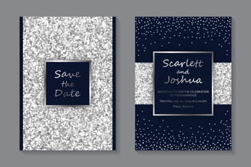 Set of modern geometric luxury wedding invitation design or card templates for business or presentation or greeting with silver glitter and a navy blue background.