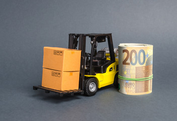 Naklejka premium A forklift truck carries cardboard boxes and Euro roll. Transport company. Performance efficient. Trade and production of products and goods, balance import export. development of the global economy