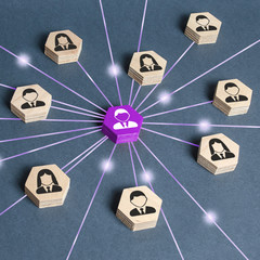 The leader is connected with employees by a wide network of lines. At the center of a complex large...