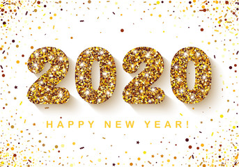 Festive Banner with glitter Gold 2020 Numbers on white Background with scattered geometric Confetti. Vector illustration. All isolated and layered