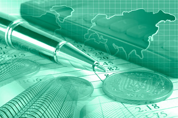 Coins, map and buildings