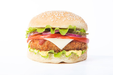 Delicious fast food. Big cheeseburger isolated on white background