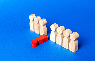 Red man figure falls out of the line of people. Moral and physical exhaustion, weak link. dismissal...