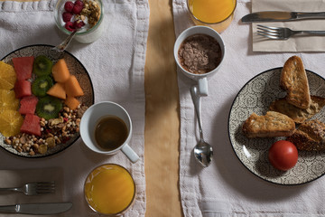 Breakfast for two people at hotel. Good and healthy.