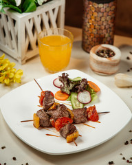 Meat pieces with vegetables grilled on stick