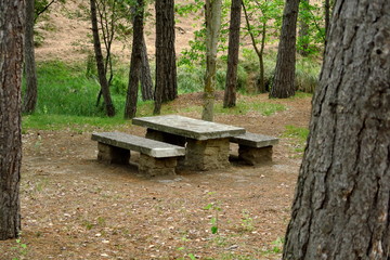 Tables et bancs de pique-nique en pierre dans la forêt.