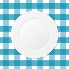 White plate on a blue checkered tablecloth. Empty dish on a kitchen table cloth. Seamless pattern. Table setting for dinner. Meal, plaid blue table cover. Top view. Vector illustration, flat,clip art.