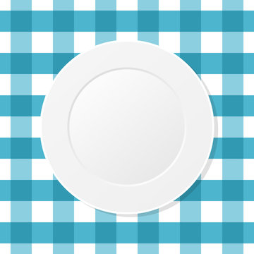 White Plate On A Blue Checkered Tablecloth. Empty Dish On A Kitchen Table Cloth. Seamless Pattern. Table Setting For Dinner. Meal, Plaid Blue Table Cover. Top View. Vector Illustration, Flat,clip Art.