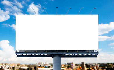 Mockup Large white blank billboard or white promotion poster displayed on the outdoor against the blue sky background. Promotion information for marketing announcements and details