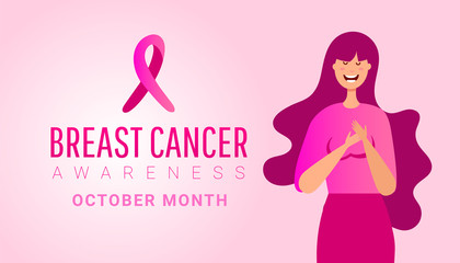 Breast cancer awareness symbol with young woman, who with her hands holds herself by the heart on a pink background.