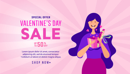 Valentines day sale background with girl with gift surprise box. Cartoon Flat Vector Illustration for Happy Womens, Mothers, birthday greeting card design