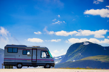 Camper car on roadside in norwegian mountains