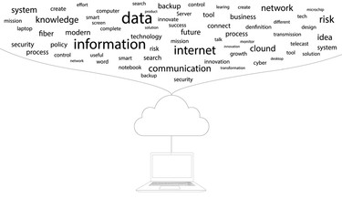 Notebook connect internet with clound. Concept online searching for knowledge. a lot of word about information technology system vector illustration.