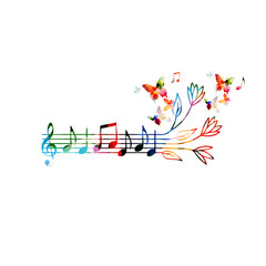 Music background with colorful music staff and butterflies isolated vector illustration design. Artistic music festival poster, live concert events, party flyer, music notes signs and symbols 