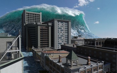 Tsunami wave apocalyptic water view urban flood Storm. 3D illustration