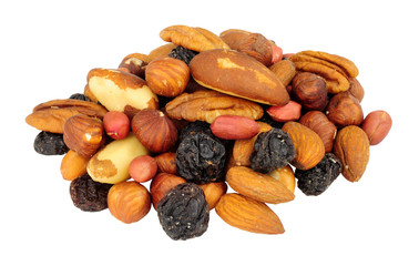 Group of mixed shelled nut kernels and raisins with Brazil nuts, peanuts, hazelnuts, almonds, pecan nuts isolated on a white background