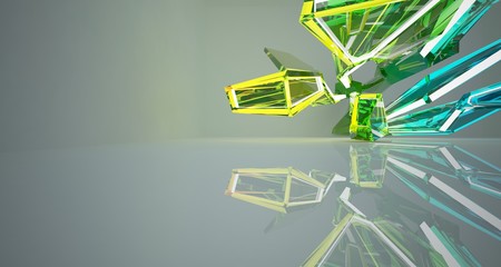 Abstract architectural white and glass gradient color interior of a minimalist house with color gradient neon lighting. 3D illustration and rendering.