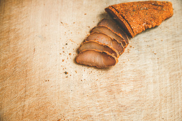 food wallpaper poster picture basturma Armenian traditional dish with horse meat on wooden background with empty copy space for text