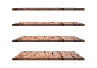 A collection of brown wooden shelves on a white background that separates the objects. There are Clipping Paths for the designs and decoration