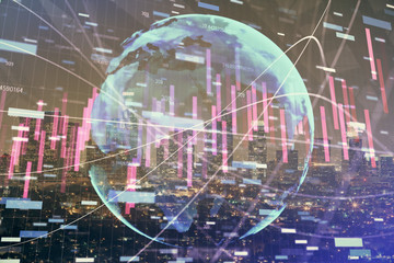 Multi exposure of forex chart drawings over cityscape background. Concept of success.