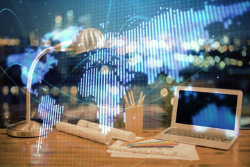 Double exposure of business theme icons and work space with computer background. Concept of success.