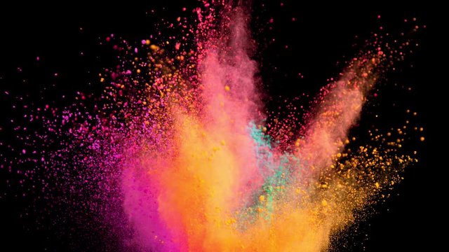 Super Slow Motion Shot of Color Powder Explosion Isolated on Black Background at 1000fps. Shooted with High Speed Cinema Camera at 4K.