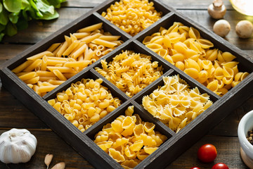 Different types of raw pasta. Italian food. Healthy food background concept.