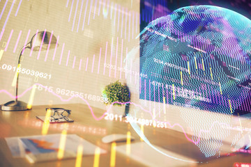 Multi exposure of forex graph and work space with computer. Concept of international online trading.