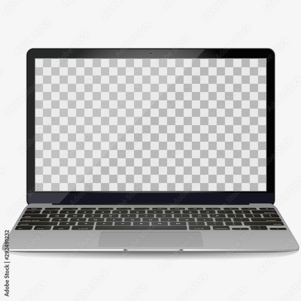 Aufkleber mockup with blank screen - front view.Open laptop with blank screen isolated on transparent background