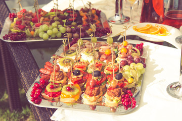 Fototapeta na wymiar Set of Finger foods with Drinks on Outdoor for Party