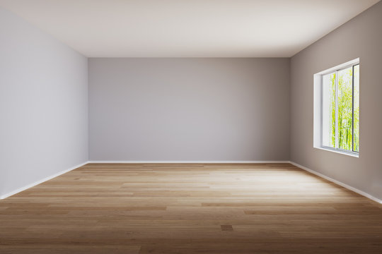 Empty room for mockup. Empty room with light wall and wooden floor.3d rendering.