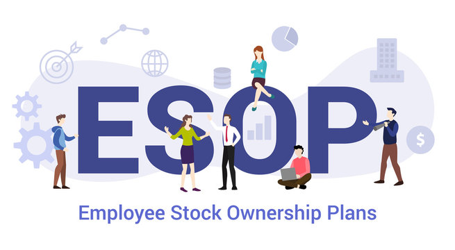 esop employee stock ownership plans concept with big word or text and team people with modern flat style - vector