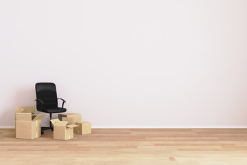  Empty room with chair and carton boxes. Moving concept. Apartment moving. House moving. Room for...
