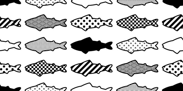 fish Seamless pattern vector salmon tuna shark doodle cartoon stripes checked heart polka dot valentine dolphin whale ocean sea scarf isolated repeat wallpaper tile background illustration design