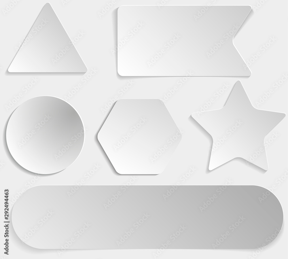 Poster set of white paper stickers of different shapes on gray gradient background. round, square, hexagona