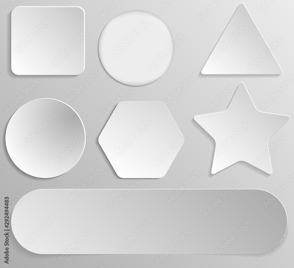 Poster set of white paper stickers of different shapes on gray gradient background. round, square, hexagona