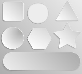 Set of white paper stickers of different shapes on gray gradient background. Round, square, hexagonal, star, triangular.