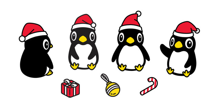 penguin vector Christmas Santa Claus hat icon gift box candy cane logo cartoon character illustration symbol design