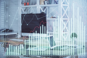 Double exposure of forex chart and work space with computer. Concept of international online trading.