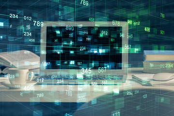 Technology theme drawing and table with computer. Multi exposure. Concept of information.